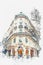 A watercolor sketch or an illustration. Traditional European architecture. The corner of a typical building in Porto in
