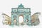 A watercolor sketch or illustration. Victory Gate triumphal arch Siegestor in Munich.
