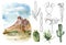 Watercolor and sketch mexican landscapes set. Hand painted constructor with desert cacti, agava, sky and mountain