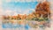 Watercolor sketch of scenic autumn landscape