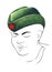Watercolor sketch of young soldier in green garrison cap with red star in the middle. Boy with tense expression on his