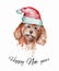 Watercolor smiling redhead poodle dog portrait in a red Santa`s cap