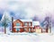 Watercolor of Snowflakes falling on a snowy suburban house with snow in