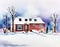 Watercolor of Snowflakes falling on a snowy suburban house with snow in