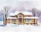 Watercolor of Snowflakes falling on a snowy suburban house with snow in