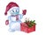 Watercolor snowman in medical mask with red gift box