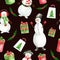 Watercolor snowmen with gift boxes seamless pattern. Hand drawn Christmas illustration with snowman in hat, glows