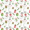 Watercolor snowmen with gift boxes seamless pattern. Hand painted Christmas illustration with snowman in hat, glows