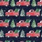 Watercolor snowy red truck with pine trees seamless pattern. Winter Christmas night with falling snow and vintage car