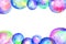 Watercolor soap bubbles frame over white background. Hand drawn watercolour colorful background