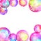 Watercolor soap bubbles frame over white background. Hand drawn watercolour colorful background