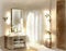 Watercolor of Soft candlelight illuminates a bedroom and bathroom adorned with a mirror and