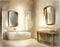 Watercolor of Soft candlelight illuminates a bedroom and bathroom adorned with a mirror and