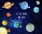 Watercolor solar syatem planets on dark background. Sun, Mercury, Venus, Earth, Mars, Jupiter, Saturn, Uranus, Neptune