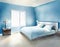Watercolor of soothing blue bedroom with minimalist