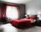 Watercolor of Sophisticated modern bedroom in deep red and grey color scheme exudes luxury and