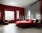 Watercolor of Sophisticated modern bedroom in deep red and grey color scheme exudes luxury and