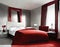Watercolor of Sophisticated modern bedroom in deep red and grey color scheme exudes luxury and