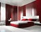 Watercolor of Sophisticated modern bedroom in deep red and grey color scheme exudes luxury and