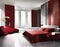 Watercolor of Sophisticated modern bedroom in deep red and grey color scheme exudes luxury and