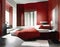 Watercolor of Sophisticated modern bedroom in deep red and grey color scheme exudes luxury and