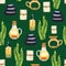 Watercolor SPA aromatherapy seamless pattern on green background