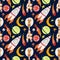 Watercolor space pattern, stars, planets, giraffe, rocket, moon on a dark background. Pattern for various products etc.