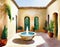 Watercolor of A sparsely furnished courtyard house with an empty fountain in the