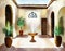 Watercolor of A sparsely furnished courtyard house with an empty fountain in the