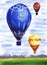 Watercolor spectacular summer landscape of festival of hot air balloons. Vivid airships against silhouettes of distant
