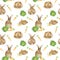 Watercolor sping Easter rabbit seamless pattern. Scrapbook paper design with funny bunny and vegetables carrot on white