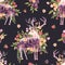 Watercolor spiritual sacred deer seamless pattern with wildflowers . Totem animals floral texture on black. Power animals