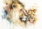 Watercolor Splatter Portrait Painting of Lion Father with Lion Cub