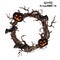 Watercolor spooky and creepy gothic Halloween wreath. Wicked carved pumpkins and bats, on white background