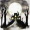 Watercolor of Spooky haunted house with fog and pumpkins