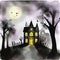 Watercolor of Spooky haunted house with fog and pumpkins