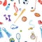 Watercolor sport doodle seamless pattern