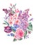 Watercolor spring bouquet with pink flowers lilacs, tulips, rose