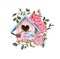 Watercolor spring cute birds illustration. Valentines day card with hand painted birds, bird house and pink roses