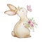 Watercolor spring easter illustration bunny with a bouquet of flowers