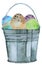 Watercolor spring Easter with rusty bucket with colored eggs