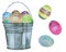 Watercolor spring Easter with rusty bucket with colored eggs