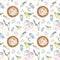 Watercolor Spring Easter seamless pattern with chicks birds, colored eggs, nest, feathers