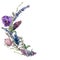 Watercolor spring feather wreath. Hand painted border with lavender, pansies flower, willow, tulip and tree branch with