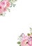 Watercolor spring floral border. Hand painted pink flowers and greenery, leaves on white background. Holiday frame