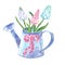 Watercolor spring floral bouquet in a vintage pot. Set of hand painted muskari flowers in a rustic watering can.