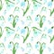 Watercolor spring floral pattern with blue snowdrops flowers on white background. Decorative hand painted ornament