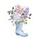Watercolor spring garden boot and floral bouquet. Lilac purple and pink flowers, green leaves, branches. greeting card