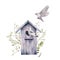 Watercolor spring illustration with birdhouse and pigeons. Wooden nesting box, tree branches, feather, birds scene