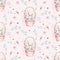 A watercolor spring illustration of the cute easter baby bunny. Rabbit cartoon animal seamless pink pattern with basket